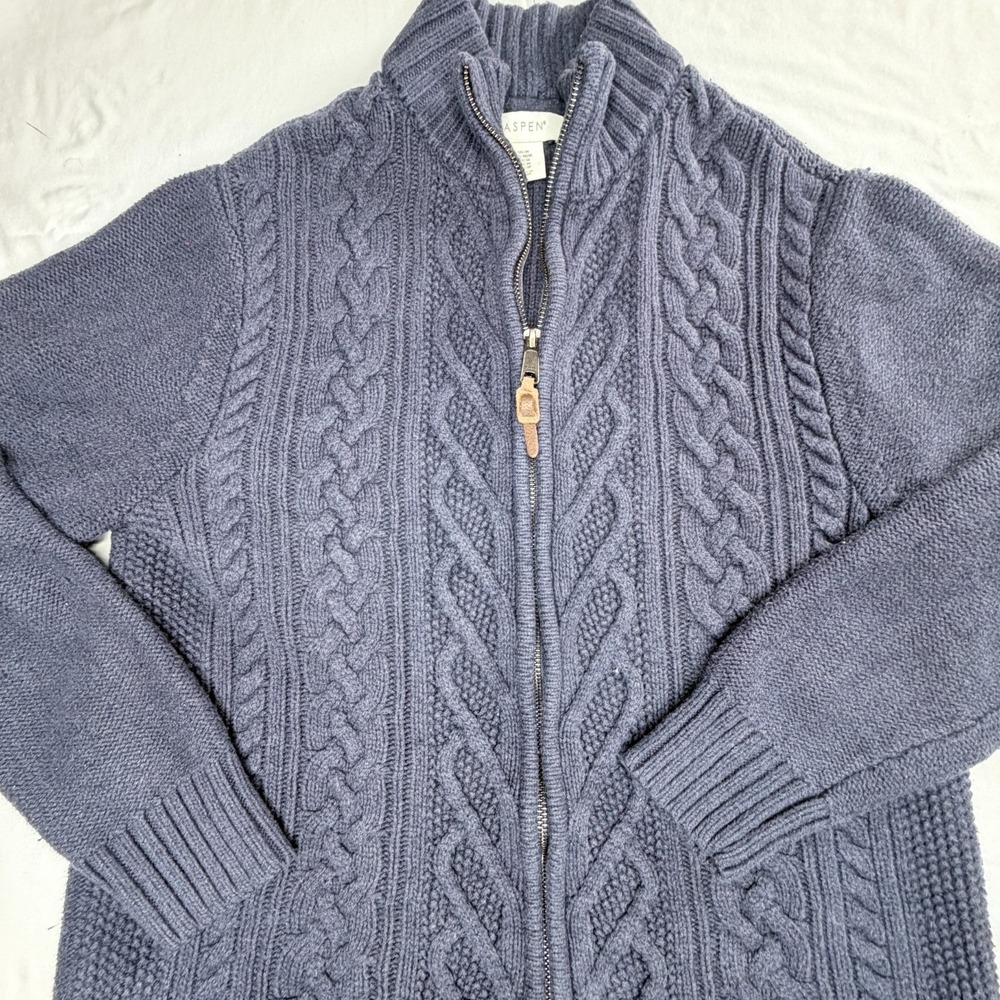 Vintage L.L Bean Cable Knit Cardigan Sweater Mock Neck Full Zip Size  Medium - Picture 3 of 7